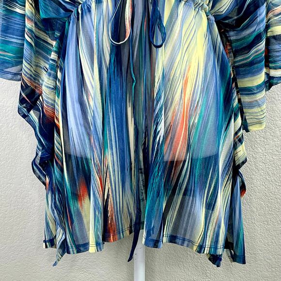 Blue Multicolor Sheer Mesh Cinched Waist V-Neck Oversize Cover-Up Plus 2X/3X NWT - Picture 7 of 15